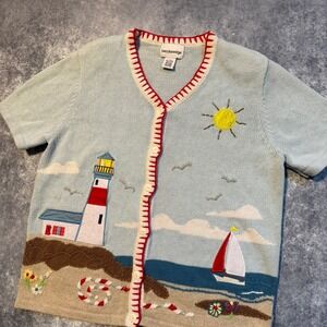 Breckenridge Womens Blue Coastal Lighthouse Sailboat Short Sleeve Cardigan Small